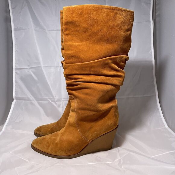 Salvatore Ferragamo Slouch Boots Women Size 8.5 Suede Leather Brown Wedge Heels - Picture 1 of 13